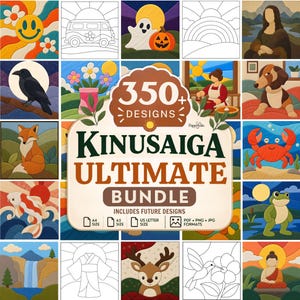 Puede incluir: Un paquete de productos digitales titulado 350+ DESIGNS KINUSAIGA ULTIMATE BUNDLE que presenta un collage de coloridas ilustraciones gráficas que incluyen una cara sonriente, un fantasma, un cuervo, un zorro, un pez koi, un cangrejo, una rana, un ciervo y varias plantillas de arte lineal.
