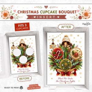 Peut inclure: Un insert de bouquet de cupcakes de Noël pour boîte, avec une illustration numérique d'une personne tenant des branches de pin, des baies et trois cupcakes. Le texte indique CHRISTMAS CUPCAKE BOUQUET, FITS 3 CUPCAKES, BEFORE, AFTER et Meet Me Under the Christmas Lights.