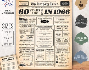 Póster de periódico de cumpleaños de 1966, regalo para el 60.º cumpleaños (PDF y JPG)