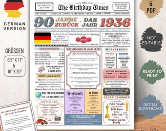 1936 90. Geburtsdag | Vintage Jahrgangsposter Zeitung BRD | Retro cadeaugeschenk voor 90. voor mannen en vrouwen | Sofort zum Ausdrucken.