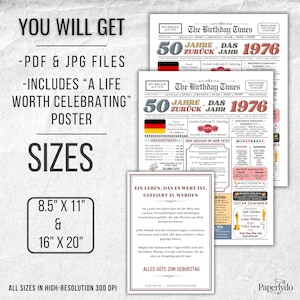 May include: A digital print with text that reads "YOU WILL GET" and "A LIFE WORTH CELEBRATING" with sizes 8.5" x 11" and 16" x 20". The print includes a vintage-style newspaper design with the headline "The Birthday Times 1976".