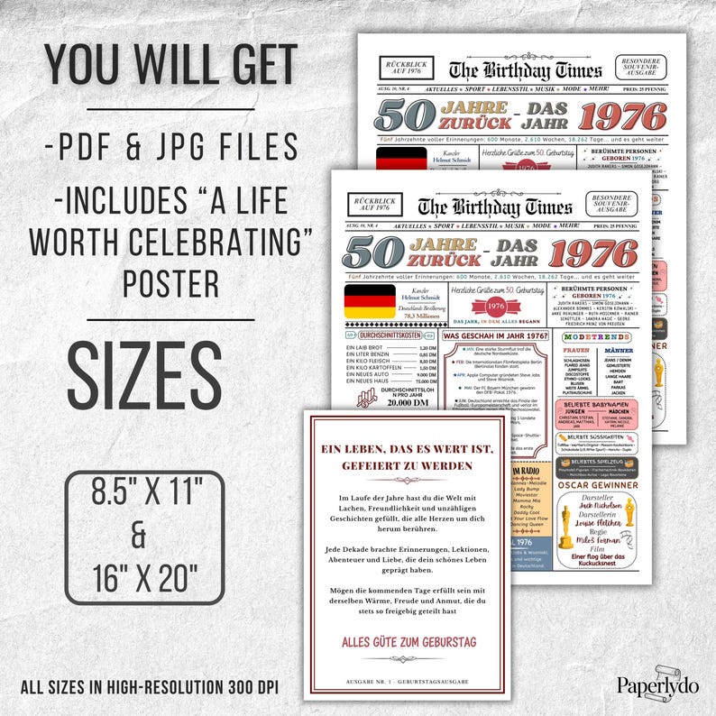 May include: A digital print with text that reads "YOU WILL GET" and "A LIFE WORTH CELEBRATING" with sizes 8.5" x 11" and 16" x 20". The print includes a vintage-style newspaper design with the headline "The Birthday Times 1976".