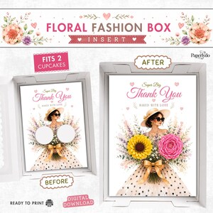 Puede incluir: Inserto de caja Floral Fashion con una ilustración en acuarela. La caja tiene capacidad para 2 cupcakes. El inserto presenta a una mujer con sombrero y gafas de sol sosteniendo un ramo de flores. El texto dice "Super Big Thank You Baked With Love."
