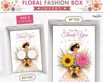 Floral Fashion Cupcake Insert Template, Printable Thank You Cupcake Bouquet, 2 Cupcake Gift Box Display.