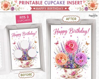 Printable Birthday Cupcake Insert Template, Floral Teacup Cupcake Bouquet, 3 Cupcake Gift Box Display.