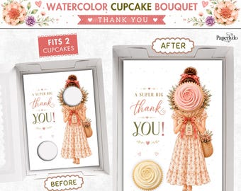 Printable Cupcake Bouquet Insert Template, Floral Thank You Cupcake Holder, Bakery Gift Box Insert, 2 Cupcake Display.