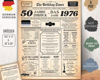 1976 50. Geburtsdag | Vintage Jahrgangsposter Zeitung BRD | Retro verjaardagscadeau voor 50. voor mannen en vrouwen | Sofort zum Ausdrucken.