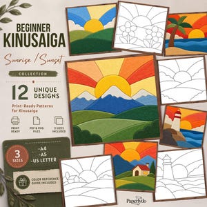 Puede incluir: Una colección de 12 patrones de Kinusaiga con paisajes de amaneceres y atardeceres. El conjunto incluye archivos PDF y PNG listos para imprimir en tamaños A4, A5 y US Letter, junto con una guía de referencia de colores para principiantes.