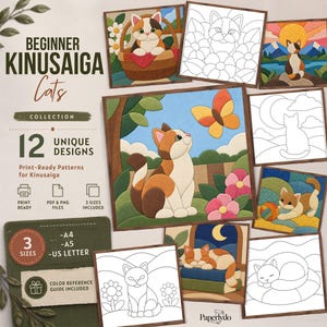 Pode incluir: Uma coleção digital de 12 padrões Kinusaiga para iniciantes com várias cenas de gatos com flores, borboletas e paisagens. O conjunto inclui arquivos PDF e PNG prontos para impressão nos tamanhos A4, A5 e US Letter com um guia de cores.