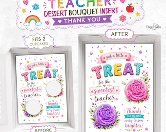 Teacher Dessert Bouquet Insert Template, Printable Treat Cupcake Holder, Sweetest Teacher Gift Display, 2 Cupcakes Floral Gift Box Insert.