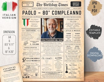 Poster 80 Compleanno 1946 Modello Canva Modificabile, Giornale Vintage Personalizzato, bewerkbare verjaardagsposter.