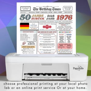 May include: A printed page titled "The Birthday Times" with the headline "50 Years Back - 1976". The page includes text, graphics, and a German flag, printed by a white printer. The text includes "50th Birthday" and "Souvenir Edition".