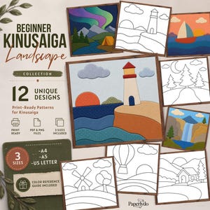 Puede incluir: Una colección de 12 patrones de paisajes Kinusaiga con diseños listos para imprimir. El set incluye archivos PDF y PNG en tamaños A4, A5 y US Letter, con una guía de referencia de color. Las imágenes muestran escenas como un faro y un velero.