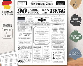 1936 90. Geburtsdag | Zwarte Wei Vintage Jahrgangsposter Zeitung BRD | Klassisch Geburtstagsgeschenk van 90. | Sofort zum Ausdrucken.