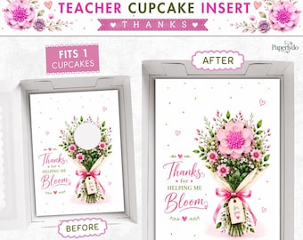 Teacher Cupcake Insert Template, Printable Floral Thank You Insert, Watercolor Cupcake Bouquet Holder, 1 Cupcake, Floral Gift Box Insert.