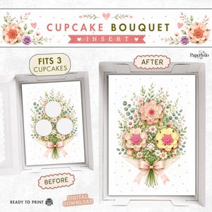 Könnte beinhalten: Ein Cupcake-Bouquet-Einsatz mit dem Text "Cupcake Bouquet Insert". Der Einsatz zeigt ein Blumendesign mit rosa, gelben und weißen Blumen und grünem Laub. Er ist für drei Cupcakes konzipiert und sofort druckbar.