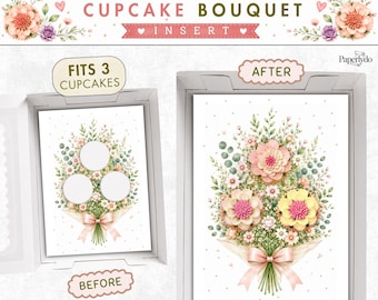 Cupcake Bouquet Insert Template, Printable Floral Cupcake Holder, Watercolor Dessert Bouquet Display, 3 Cupcake Gift Insert.