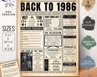 40th Birthday Poster 1986, Back in 1986 Newspaper, 40 Years Ago Sign, 1986 Birthday Gift, Vintage Birthday Printable.