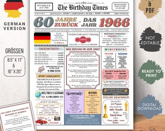 1966 60. Geburtsdag | Jahrgangsposter Zeitung BRD | Geburtstagsgeschenk voor 60. voor mannen en vrouwen | Sofort zum Ausdrucken.