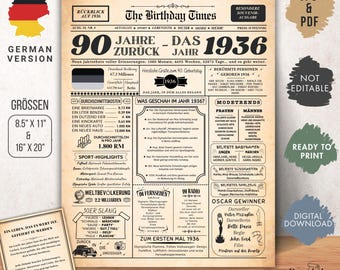 1936 90. Geburtsdag | Vintage Jahrgangsposter Zeitung BRD | Retro cadeaugeschenk voor 90. voor mannen en vrouwen | Sofort zum Ausdrucken