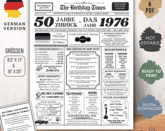 1976 50. Geburtsdag | Zwarte Wei Vintage Jahrgangsposter Zeitung BRD | Klassisch Geburtstagsgeschenk van 50. | Sofort zum Ausdrucken.