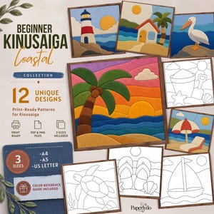 Könnte beinhalten: Eine digitale Sammlung von 12 Kinusaiga-Küstenmustern mit farbenfrohen stoffartigen Illustrationen von Leuchttürmen, Palmen und Strandszenen sowie schwarz-weißen Strichzeichnungen zum Ausdrucken in den Formaten A4, A5 und US Letter.