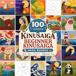 Könnte beinhalten: Eine digitale Sammlung von über 100 Kinusaiga-Bastelvorlagen mit verschiedenen farbenfrohen Illustrationen, darunter ein Segelboot, Kürbisse, ein Blatt, ein Buddha, ein Füllhorn, ein Weihnachtsstrumpf, eine Katze, ein Koi-Karpfen, ein Leuchtturm, ein Panda und ein Fuchs.