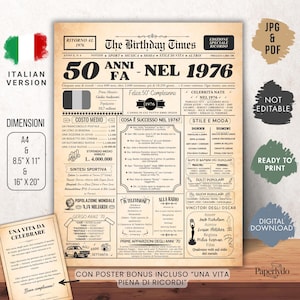May include: A digital download poster titled "The Birthday Times" in Italian, celebrating 50 years since 1976. Includes information on the year's events, fashion, and popular culture. Features a bonus poster with a life celebration theme.