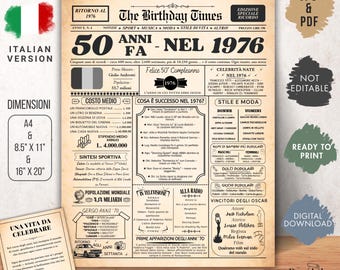 Poster Compleanno 50 Anni – Poster Annata 1976 Stile Giornale Vintage – Italian Birthday Newspaper Poster – Regalo 50 Anni.