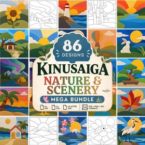 Puede incluir: Una colección digital de 86 diseños de naturaleza y paisajes Kinusaiga que presenta ilustraciones coloridas de girasoles, faros, montañas, globos aerostáticos, conejos, bonsáis, hojas de arce y grullas en varios formatos.