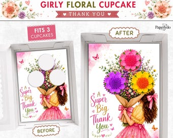 Girly Floral Cupcake Insert Template, Printable Thank You Cupcake Holder, Watercolor Bouquet Display, 3 Cupcake Gift Box Insert.