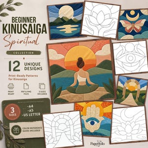 May include: A digital collection of 12 Kinusaiga patterns featuring spiritual themes. The set includes finished color designs and line art templates showing mountains, a person meditating, a butterfly, an eye, and a hamsa hand in various sizes.