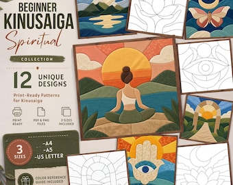 12 Spiritual Kinusaiga Patterns, Meditation & Yoga Fabric Art Templates, Lotus Hamsa Moon Designs, Beginner No Sew Craft PDF PNG