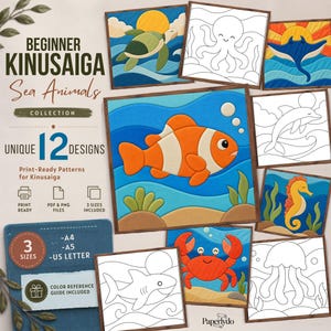 Puede incluir: Una colección de 12 patrones Kinusaiga para principiantes con animales marinos, que incluye ilustraciones coloridas de pez payaso, tortuga, raya, caballito de mar, cangrejo y tiburón, junto con plantillas de líneas en blanco y negro de pulpo, delfín y medusa.