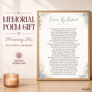 May include: A framed memorial poem titled Forever My Husband with blue and green watercolour floral accents on the corners. The text expresses sentiments about shared life and memories. A lit candle in a ribbed glass holder sits nearby.
