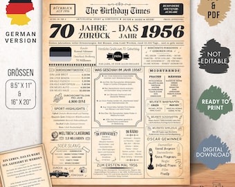 1956 70. Geburtsdag | Vintage Jahrgangsposter Zeitung BRD | Retro cadeaugeschenk voor 70. voor mannen en vrouwen | Sofort zum Ausdrucken.