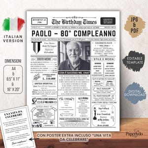 May include: A digital download birthday poster in Italian, celebrating Paolo's 80th birthday. The design features a newspaper theme with headlines, a portrait, and details about 1946, with dimensions A4, 8.5" x 11", and 16" x 20".