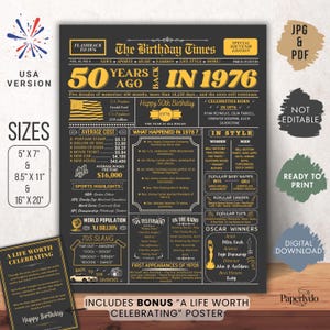 Może przedstawiać: Czarny i złoty plakat zatytułowany "The Birthday Times" świętujący 50 lat temu w 1976 roku. Zawiera fakty, ceny i odniesienia do kultury popularnej z tego roku. Dostępny w rozmiarach 12,7 cm x 17,8 cm, 21,6 cm x 27,9 cm i 40,6 cm x 50,8 cm.