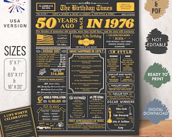 50th Birthday Newspaper Poster 1976, 50 Years Ago Sign, 1976 Facts Printable, 50th Birthday Gift for Men or Women, Black & Gold USA Version