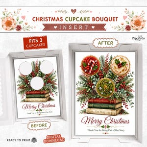 May include: A Christmas cupcake bouquet insert for a box, featuring a digital design of three stacked books topped with festive greenery, berries, and three cupcake slots. The text reads 'CHRISTMAS CUPCAKE BOUQUET' and 'Merry Christmas'.