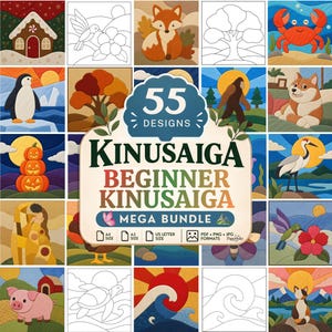 Może przedstawiać: Cyfrowy pakiet 55 wzorów Kinusaiga z kolorowymi ilustracjami zwierząt, przyrody i motywów sezonowych. Centralna etykieta zawiera tekst 55 DESIGNS KINUSAIGA BEGINNER KINUSAIGA MEGA BUNDLE oraz ikony formatów A4, A5, US letter, PDF, PNG i JPG.