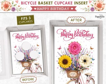 Plantilla para insertar cupcakes en una cesta de bicicleta, ramo de cupcakes de cumpleaños imprimible, caja de regalo para 3 cupcakes.