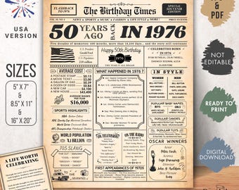 1976 verjaardag krantenposter, cadeau 50e verjaardag (pdf en JPG)