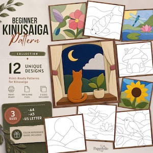 May include: A collection of 12 beginner Kinusaiga patterns featuring print-ready PDF and PNG files in A4, A5, and US Letter sizes. The designs include a cat looking out a window at a crescent moon, a hummingbird, a koi fish, and a sunflower.
