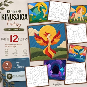 Puede incluir: Una colección digital de 12 patrones de fantasía Kinusaiga con diseños terminados a color de un dragón, fénix, unicornio, cola de ballena y cueva de cristal, junto con plantillas de líneas en blanco y negro para casa seta, árbol y castillo.