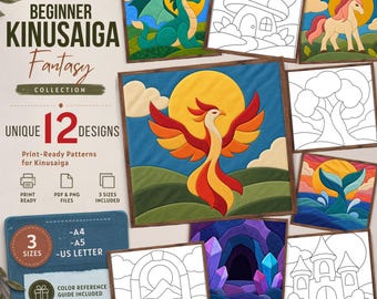 12 Fantasy Kinusaiga Patterns, Dragon Unicorn Phoenix Fabric Art Templates, Beginner Magical No Sew Craft, Printable PDF PNG JPG