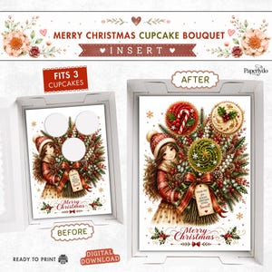 Peut inclure: Un insert de bouquet de cupcakes Joyeux Noël en téléchargement numérique pour une boîte pouvant contenir 3 cupcakes. Le design montre une personne en tenue d'hiver rouge tenant un bouquet festif de pin, de baies et de pommes de pin avec une étiquette indiquant Thank you for making Christmas extra sweet.