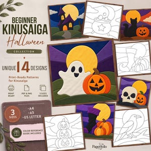 May include: A digital collection of 14 beginner Kinusaiga Halloween patterns featuring various designs like a ghost, jack-o'-lanterns, a skull, and a raven. The set includes print-ready PDF and PNG files in A4, A5, and US Letter sizes with a color guide.