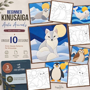 May include: A digital collection of 10 Kinusaiga Arctic animal patterns featuring colored and line art designs of a fox, seal, whale, bear, owl, penguin, walrus, and rabbit. Text includes Beginner Kinusaiga Arctic Animals Collection, 10 designs, and 3 sizes: A4, A5, and US Letter.