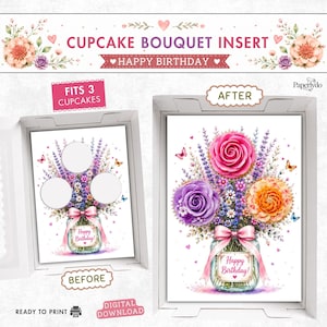 Cupcake Bouquet Insert Template, Floral Cupcake Holder, Printable Birthday Dessert Box Decor, Watercolor Cupcake Bouquet